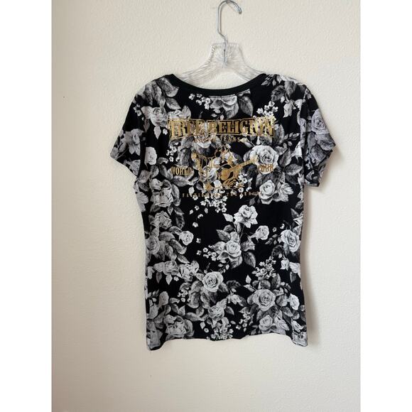 True Religion Dark Floral Foil Classic Rounded V-Neck Tee Size XL - Picture 4 of 6